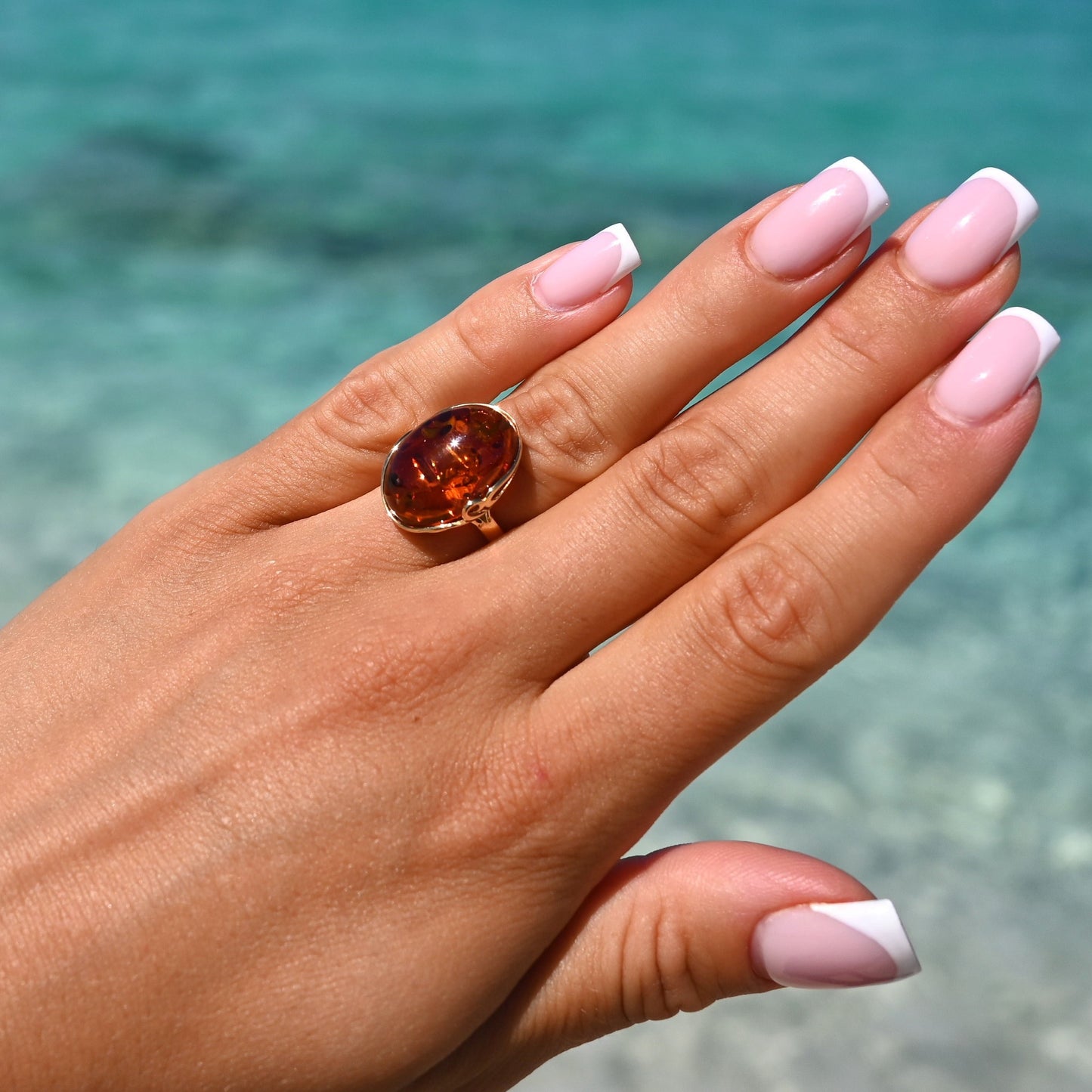 Pierścionek Bursztynowa Harmonia, Koniak, Pozłacane srebro