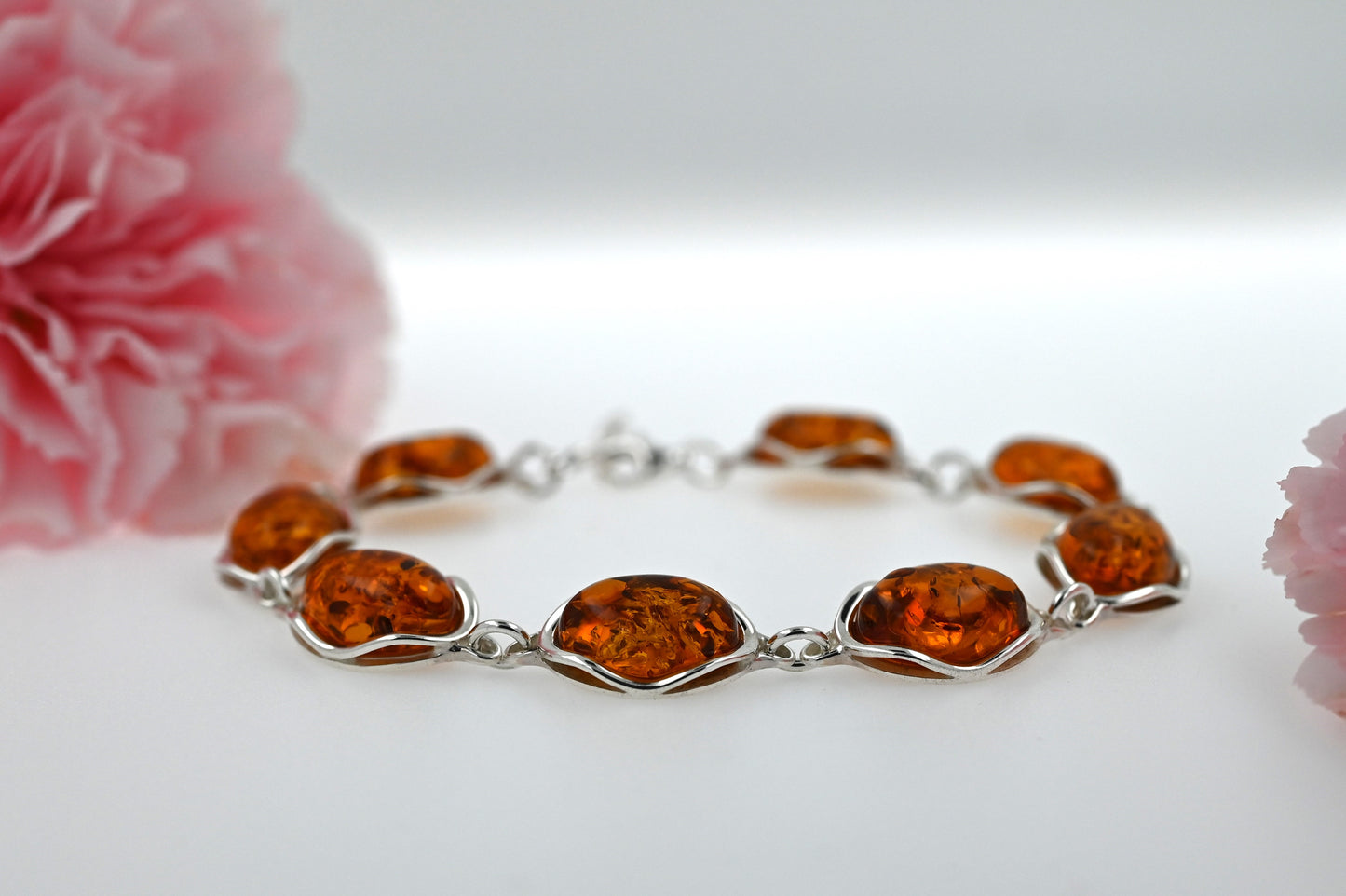 Bransoletka Bursztynowa Fala, Koniak, Srebro 925