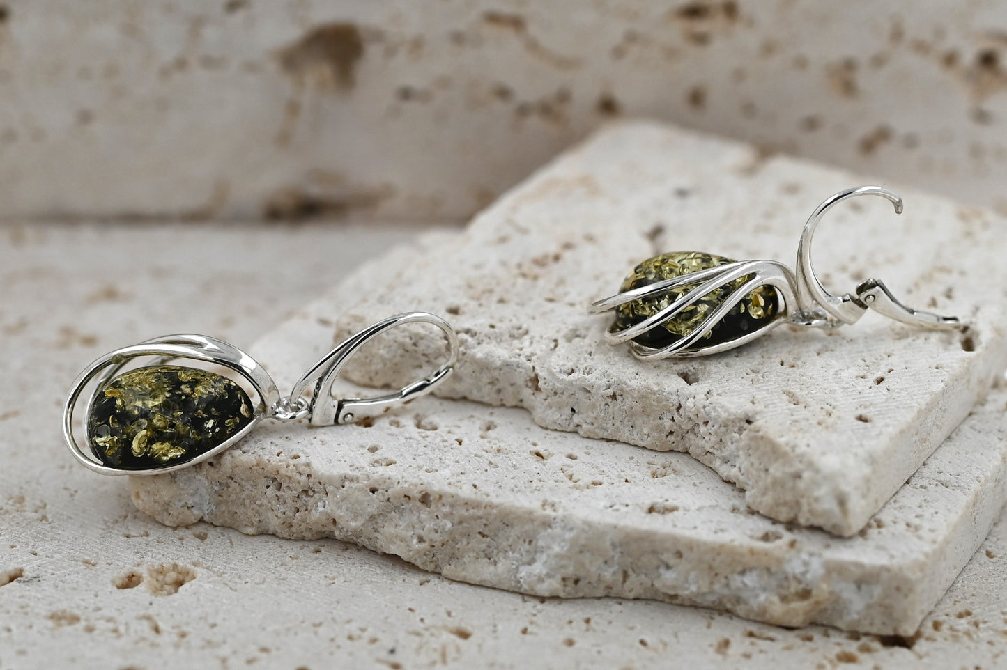 Kolczyki Bursztynowa Harfa, Zielony, Srebro 925