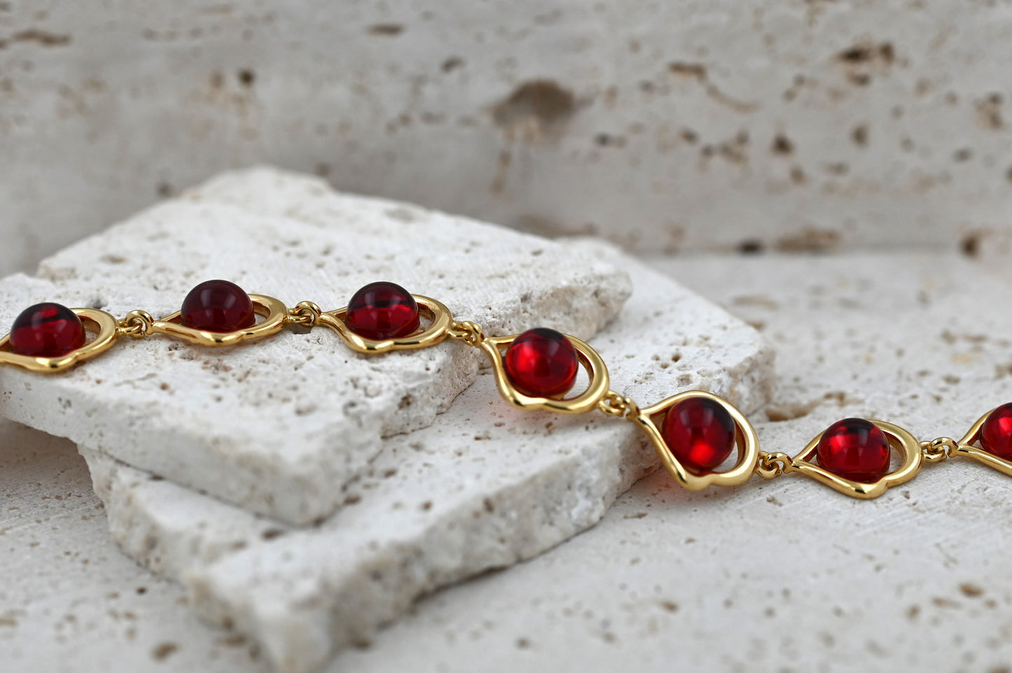 Bransoletka Bursztynowe Serce, Czerwony, Pozłacane Srebro 925