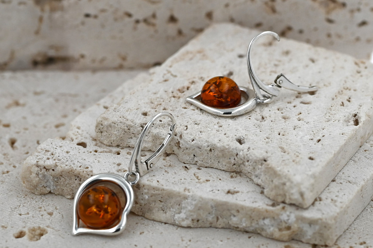 Amber Heart Earrings, Cognac, Silver 925