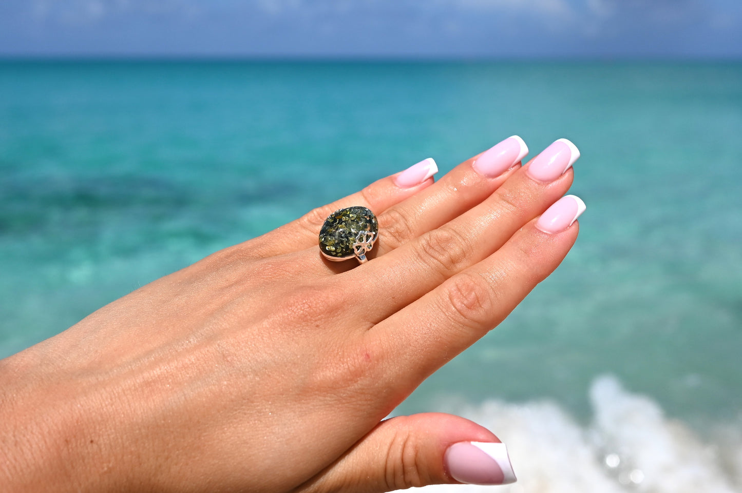 Pierścionek Bursztynowy Kwiat, Zielony, Srebro 925