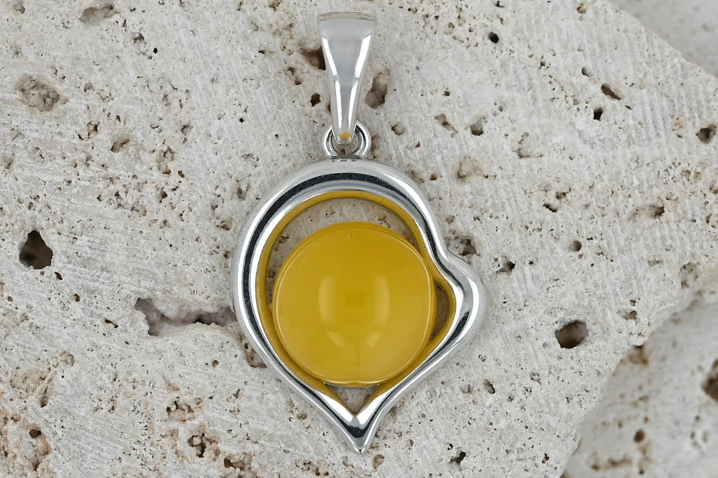Amber Heart Pendant, Yellow, Silver 925