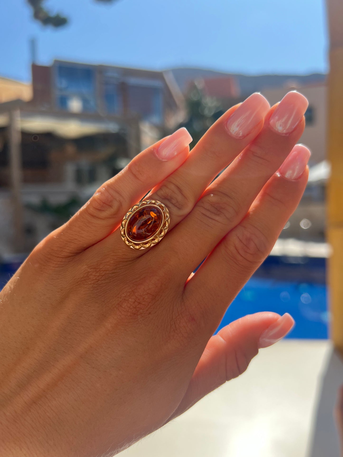 Pierścionek Bursztynowa Elegancja, Koniak, Pozłacane Srebro