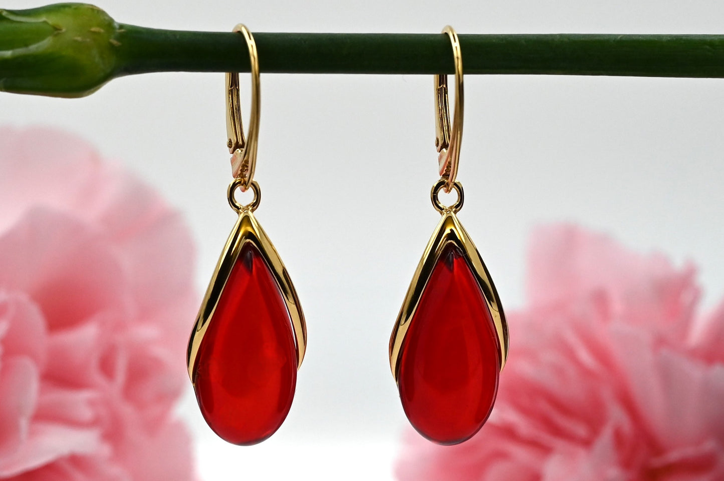 Amber Drop Earrings, Red, Gold-plated silver