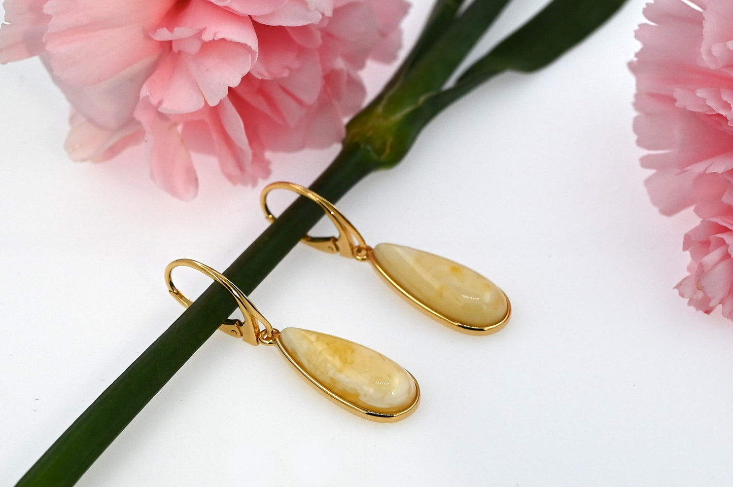 Kolczyki Bursztynowa Rosa, Mleczne, Pozłacane srebro