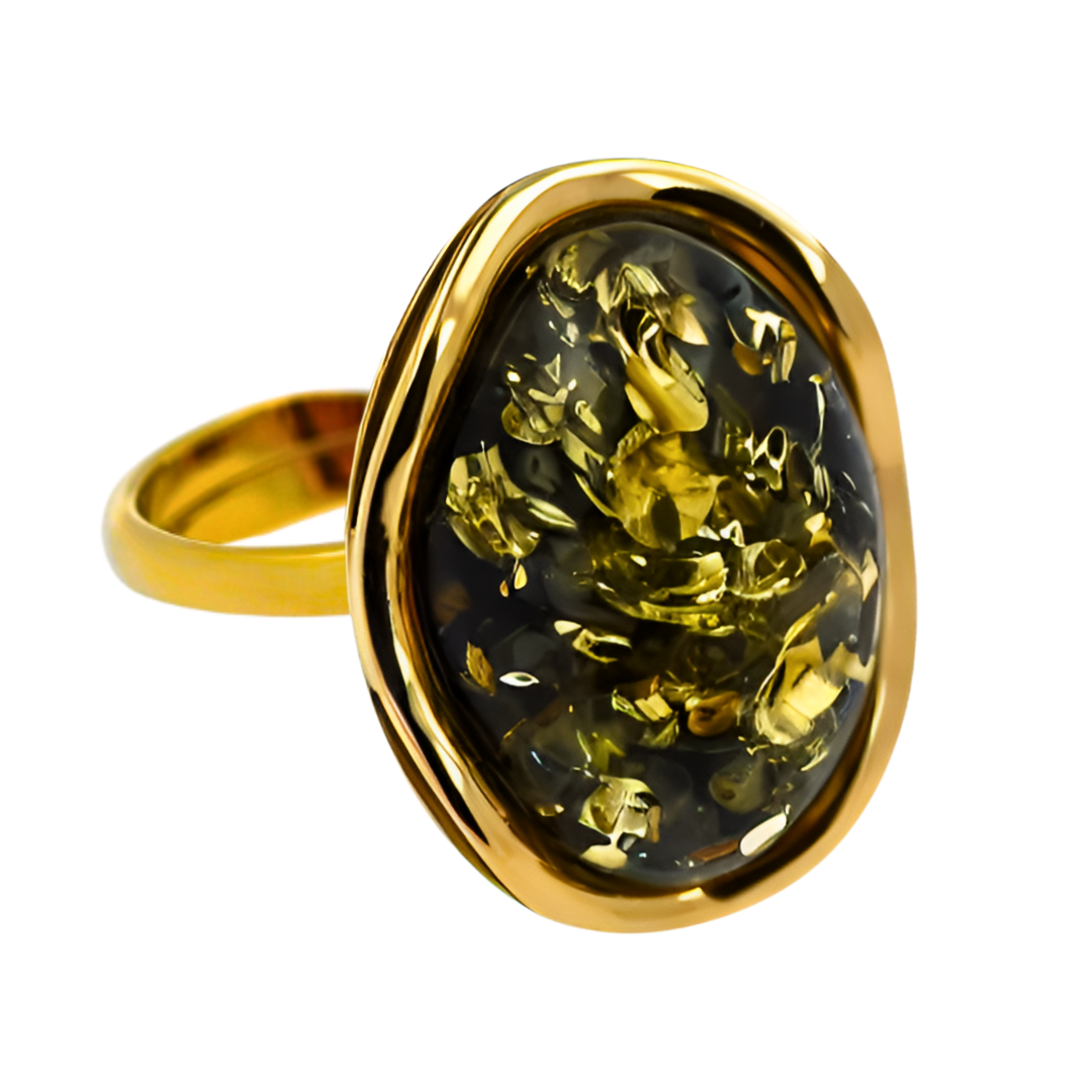 Pierścień Bursztynowa Fala, Zielony, Pozłacane srebro