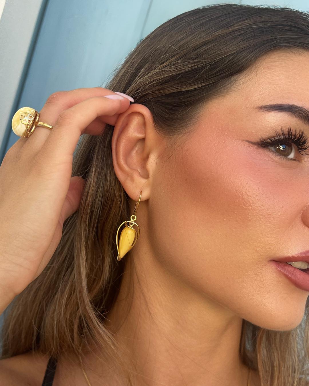 Amber Moon Earrings, Yellow, Gold Plated Silver 925