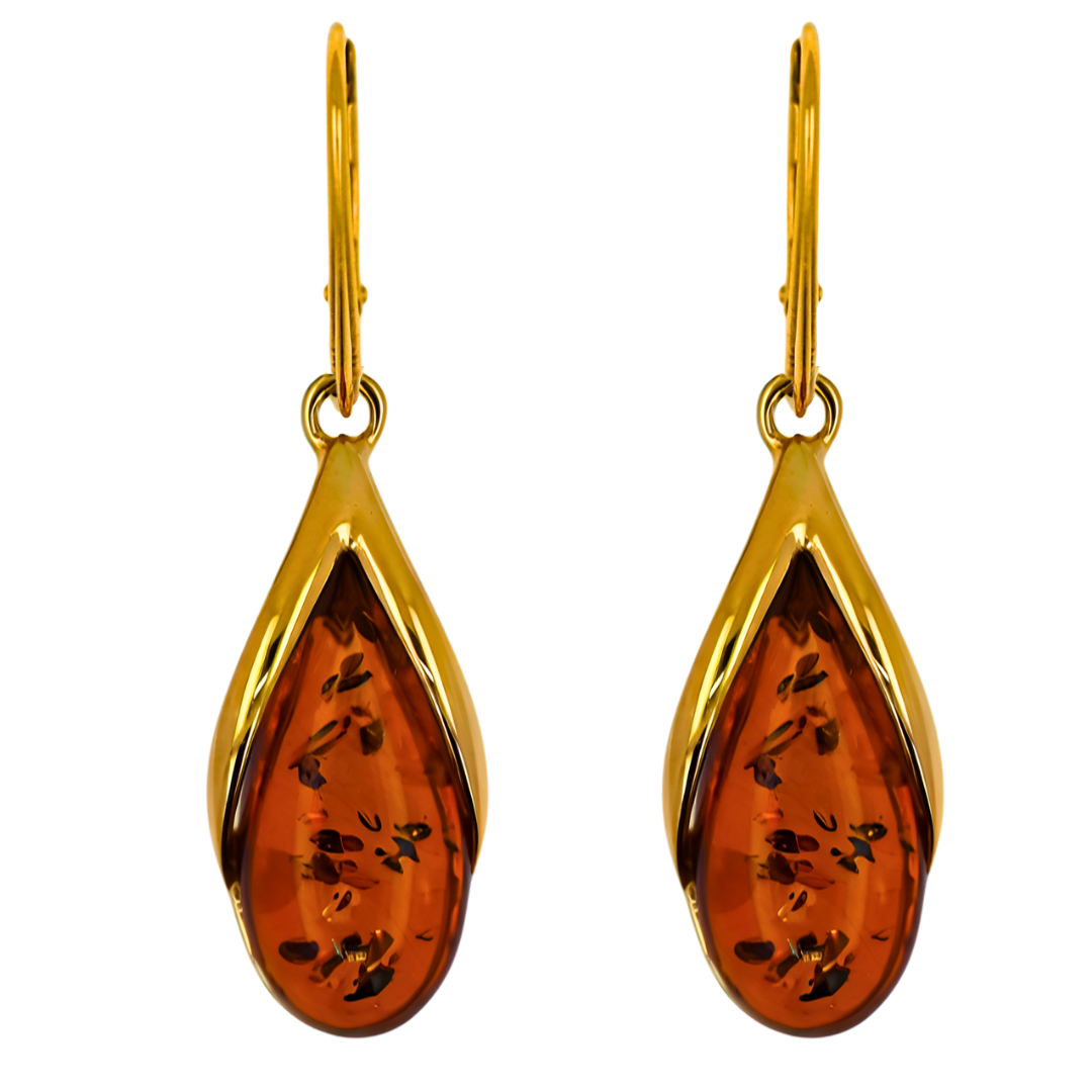 Amber Drop Earrings, Cognac, Gold-Plated Silver 925