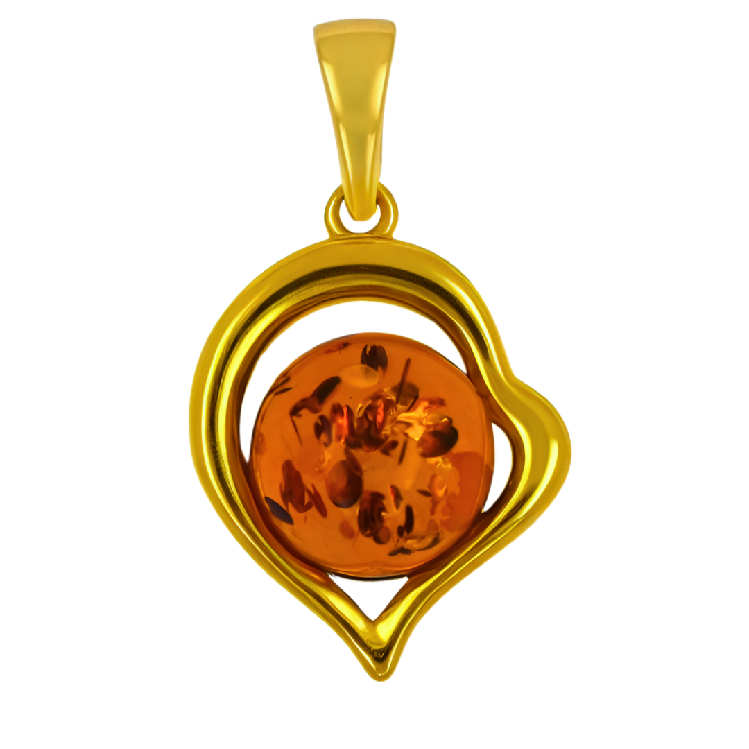 Amber Heart Pendant, Cognac, Gold-Plated Silver 925