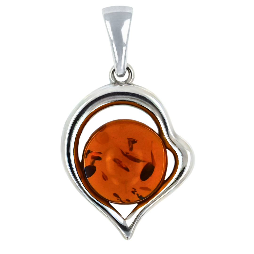Amber Heart Pendant, Cognac, Silver 925