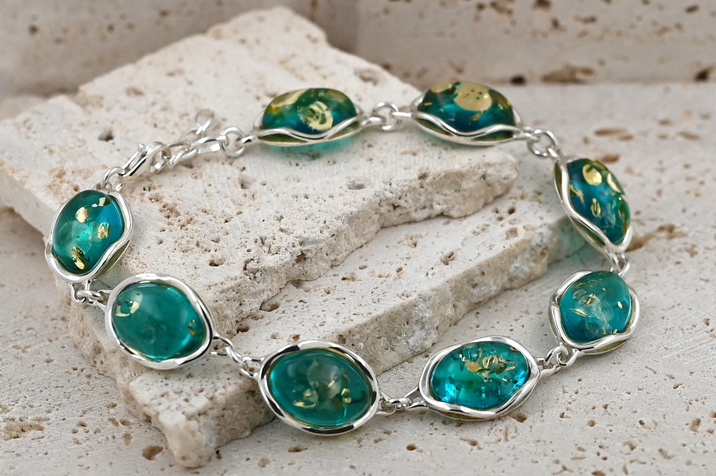 Bransoletka Bursztynowa Fala, Niebieski, Srebro 925