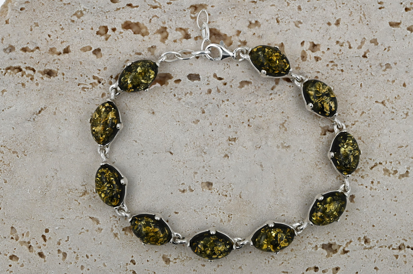 Bransoletka Bursztynowy Blask, Zielona, Srebro 925