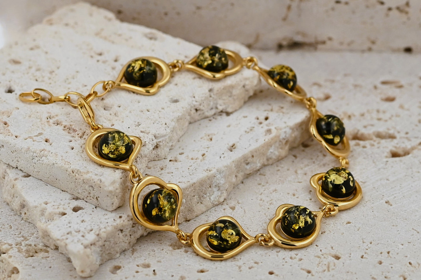 Bransoletka Bursztynowe Serce, Zielony, Pozłacane Srebro 925