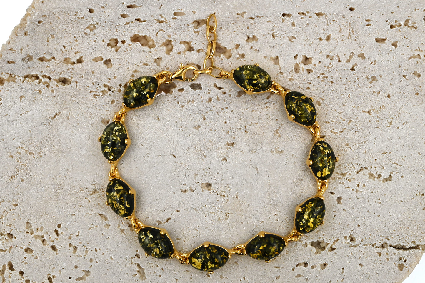 Bransoletka Bursztynowy Blask, Zielony, Pozłacane Srebro 925