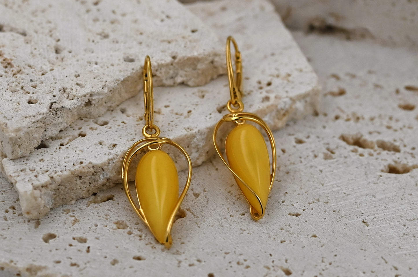 Amber Moon Earrings, Yellow, Gold Plated Silver 925