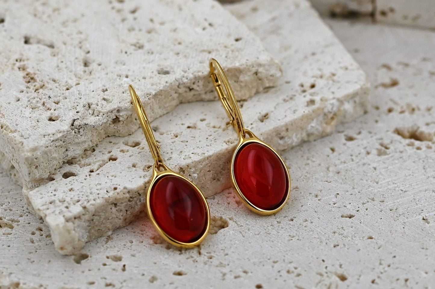 Earrings Amber Classic, Red, Gold-plated Silver