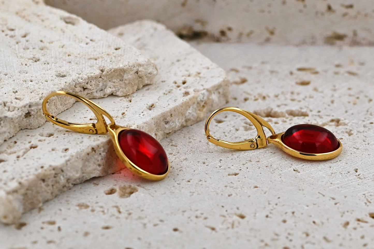 Earrings Amber Classic, Red, Gold-plated Silver
