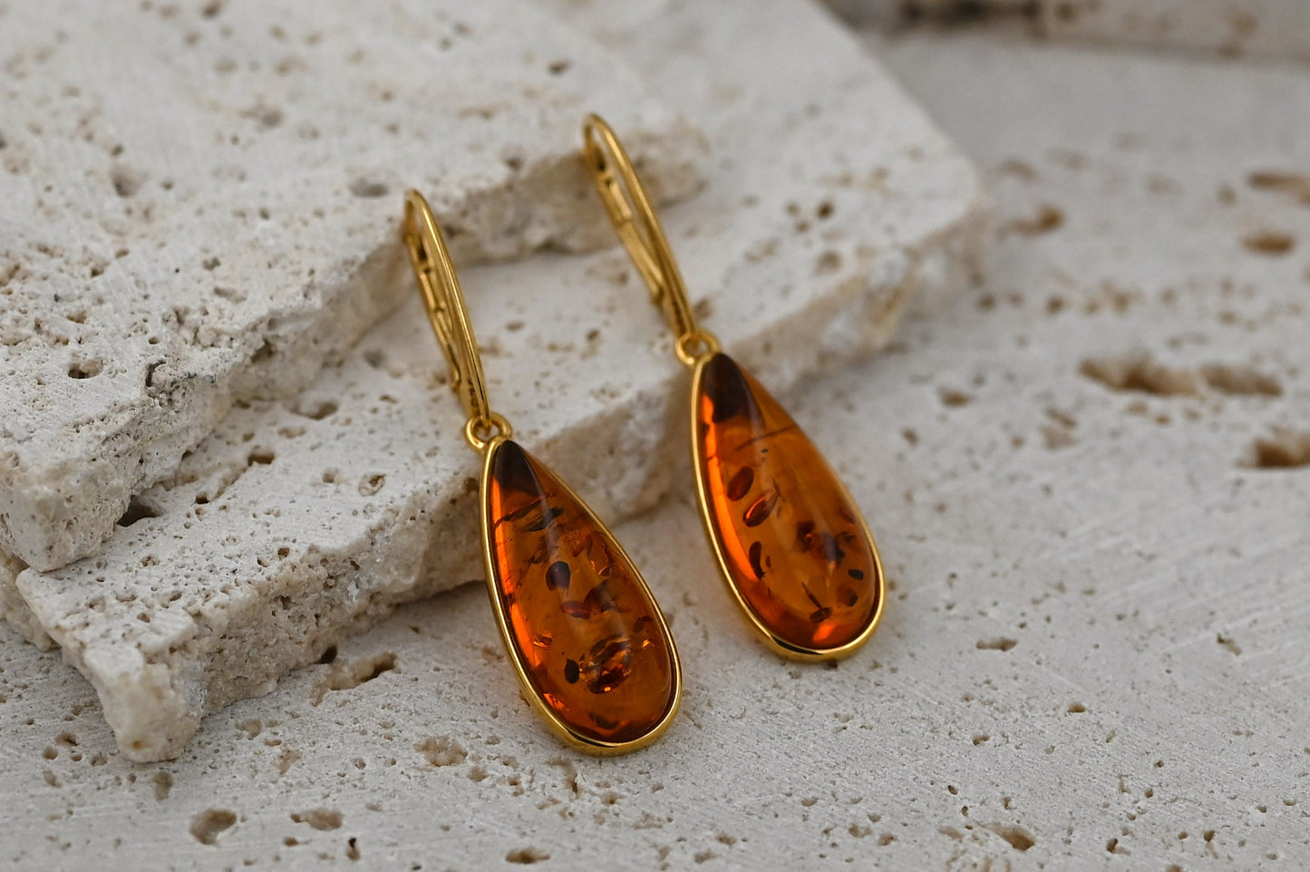 Amber Rosa Earrings, Cognac, Gold-Plated Silver 925