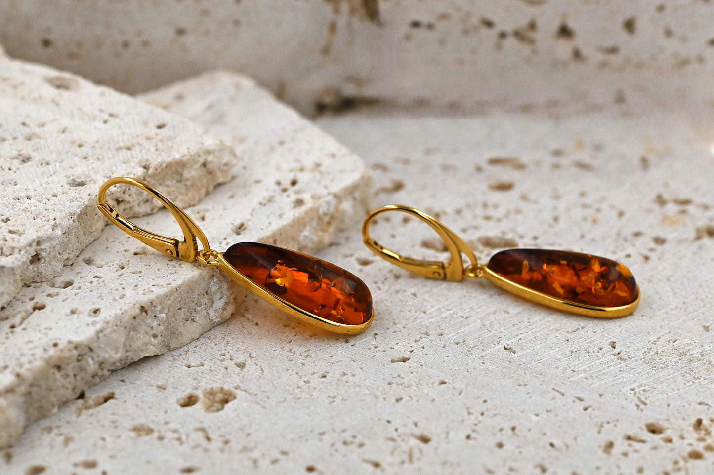 Amber Rosa Earrings, Cognac, Gold-Plated Silver 925