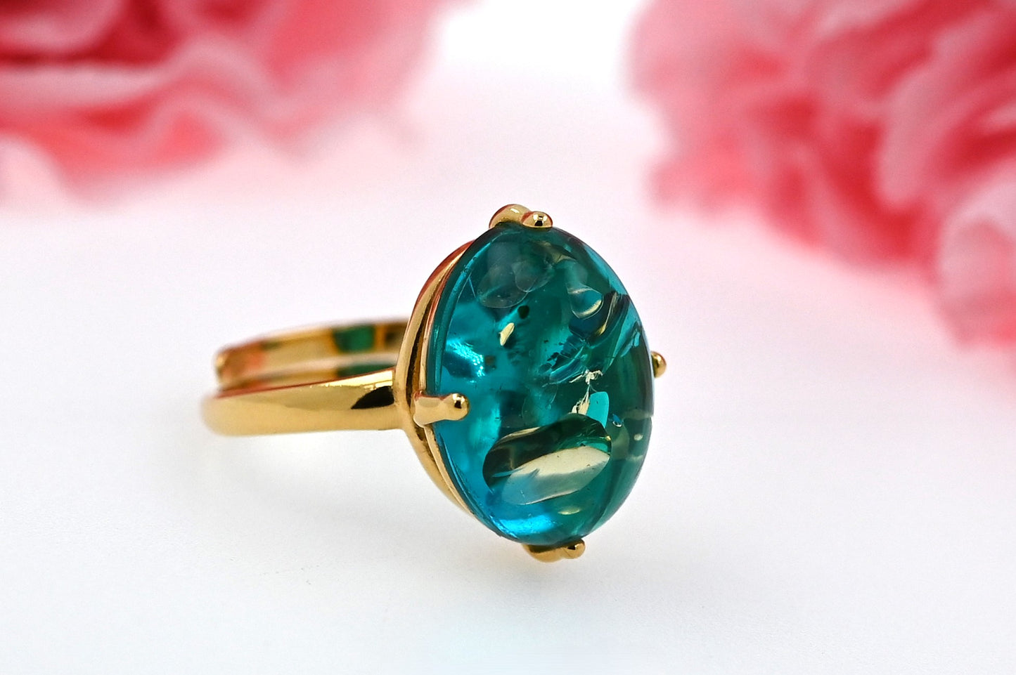 Pierścionek Bursztynowy Blask, Koniak, Pozłacane srebro