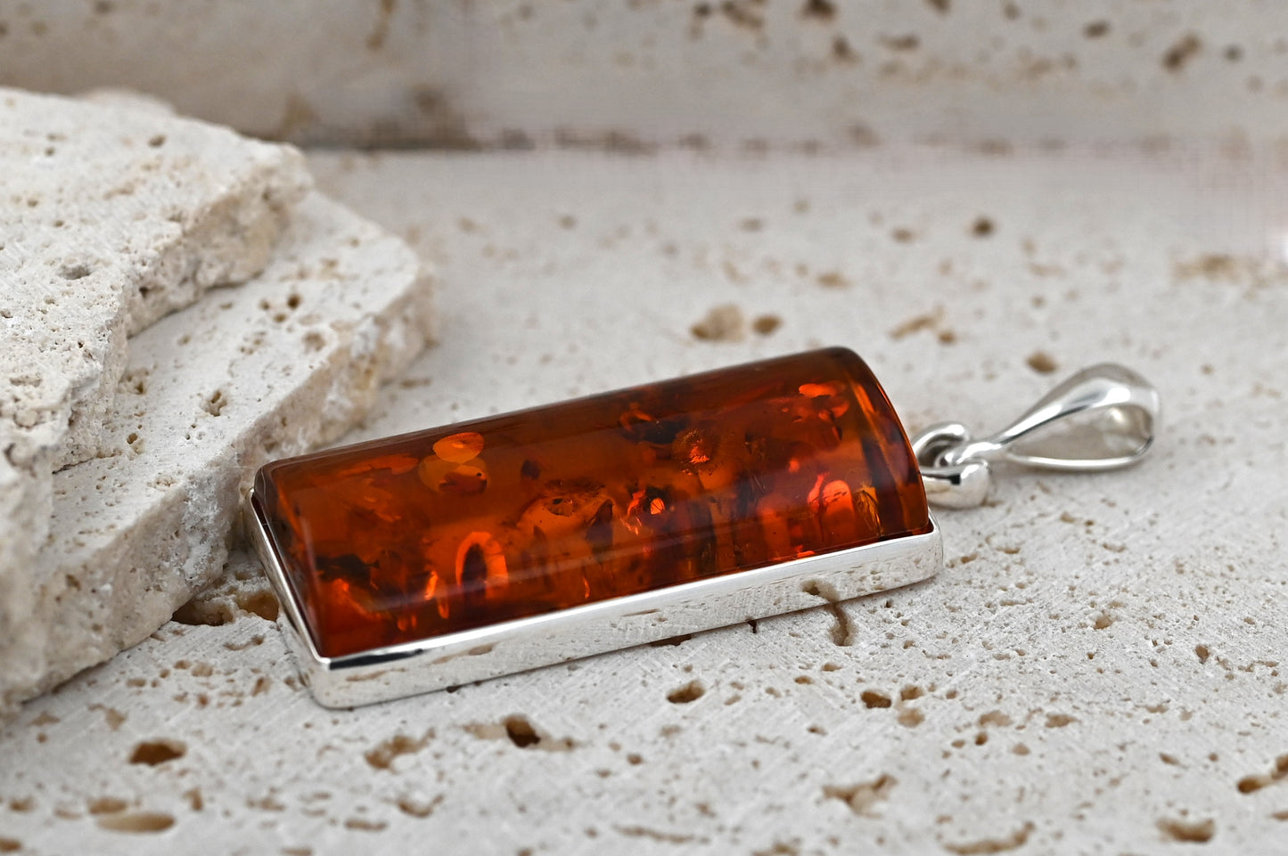 Rectangular Amber Pendant, Cognac, 925 Silver