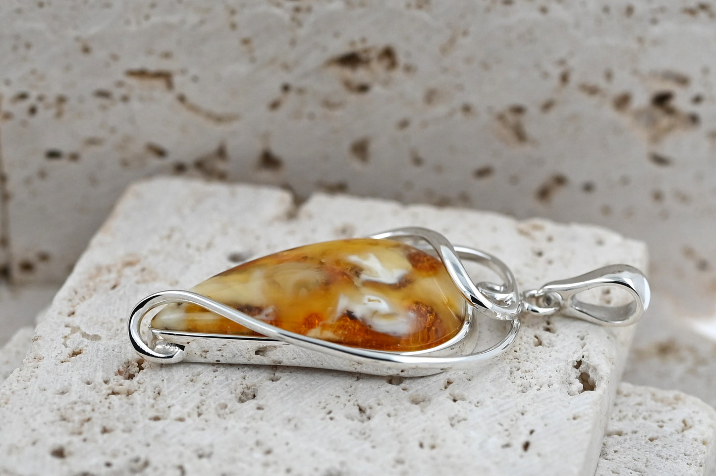 Unikatowy Bursztynowy Wisiorek, Mleczny, Żółty, Srebro 925