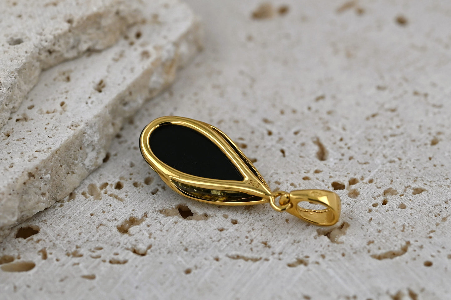 Amber Drop Pendant, Green, Gold Plated Silver 925