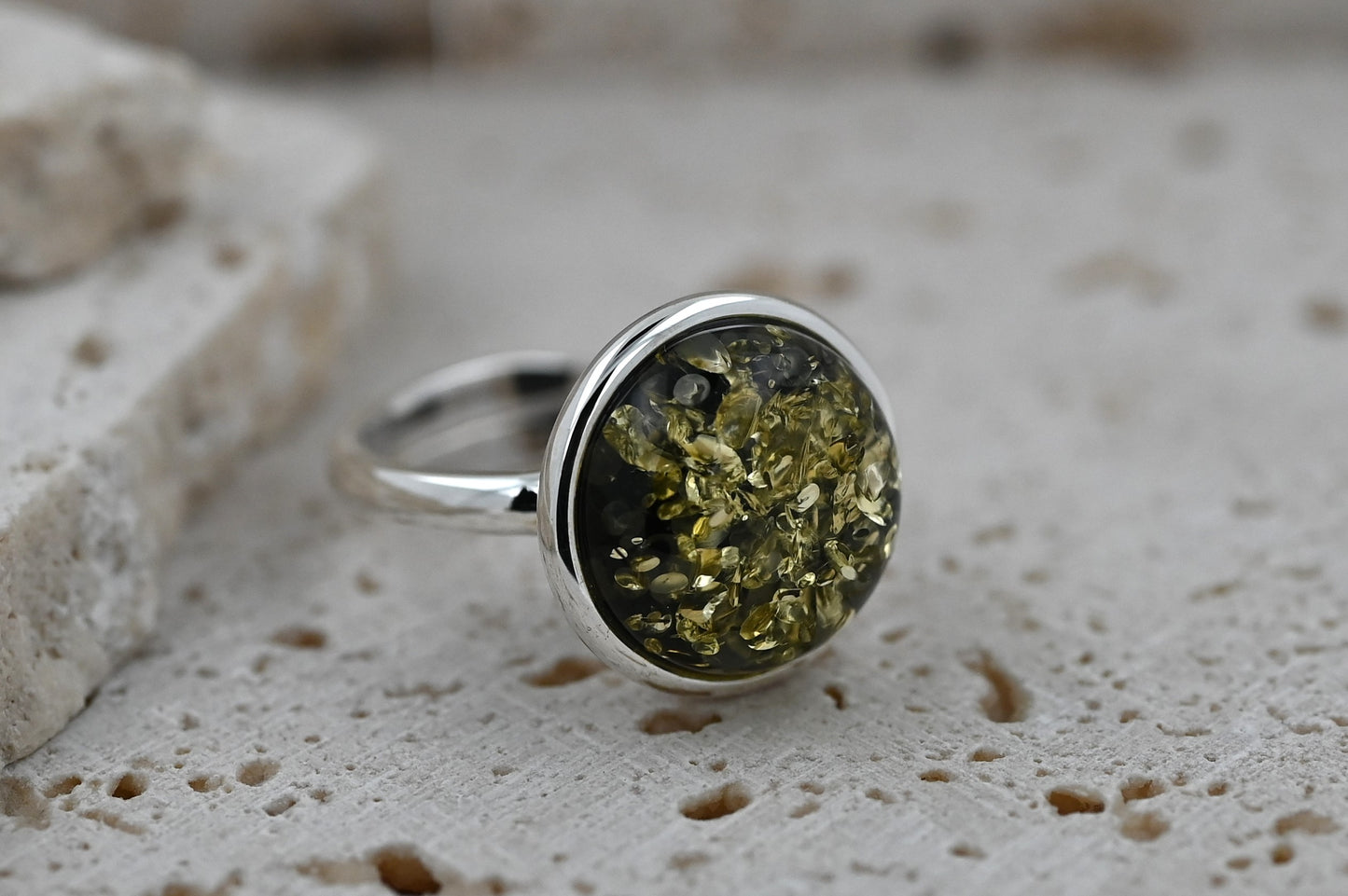 Pierścionek Bursztynowa Aura, Zielony, Srebro 925