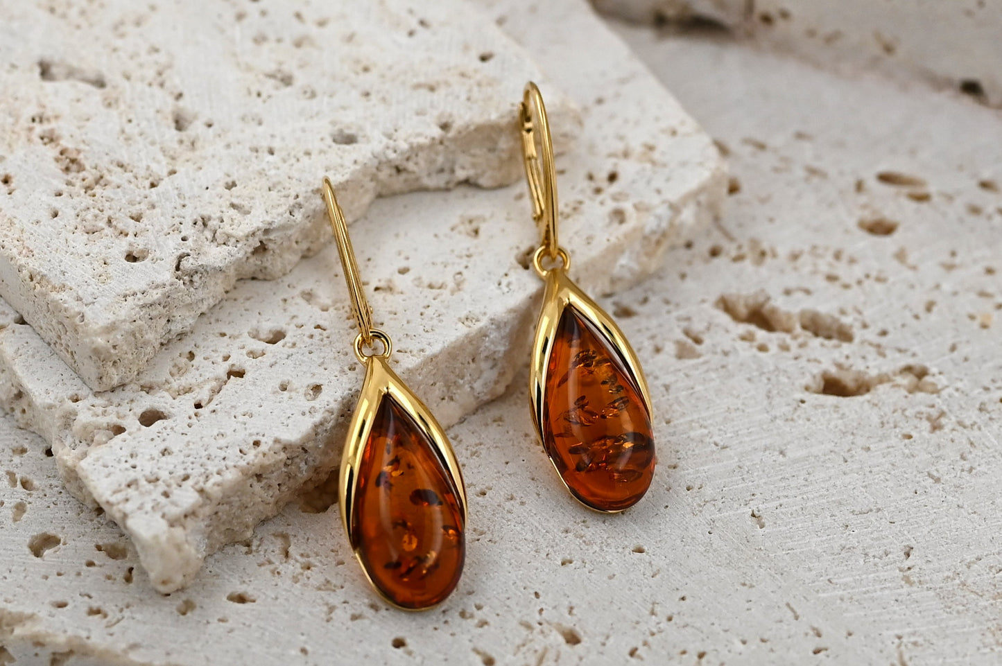 Amber Drop Earrings, Cognac, Gold-Plated Silver 925