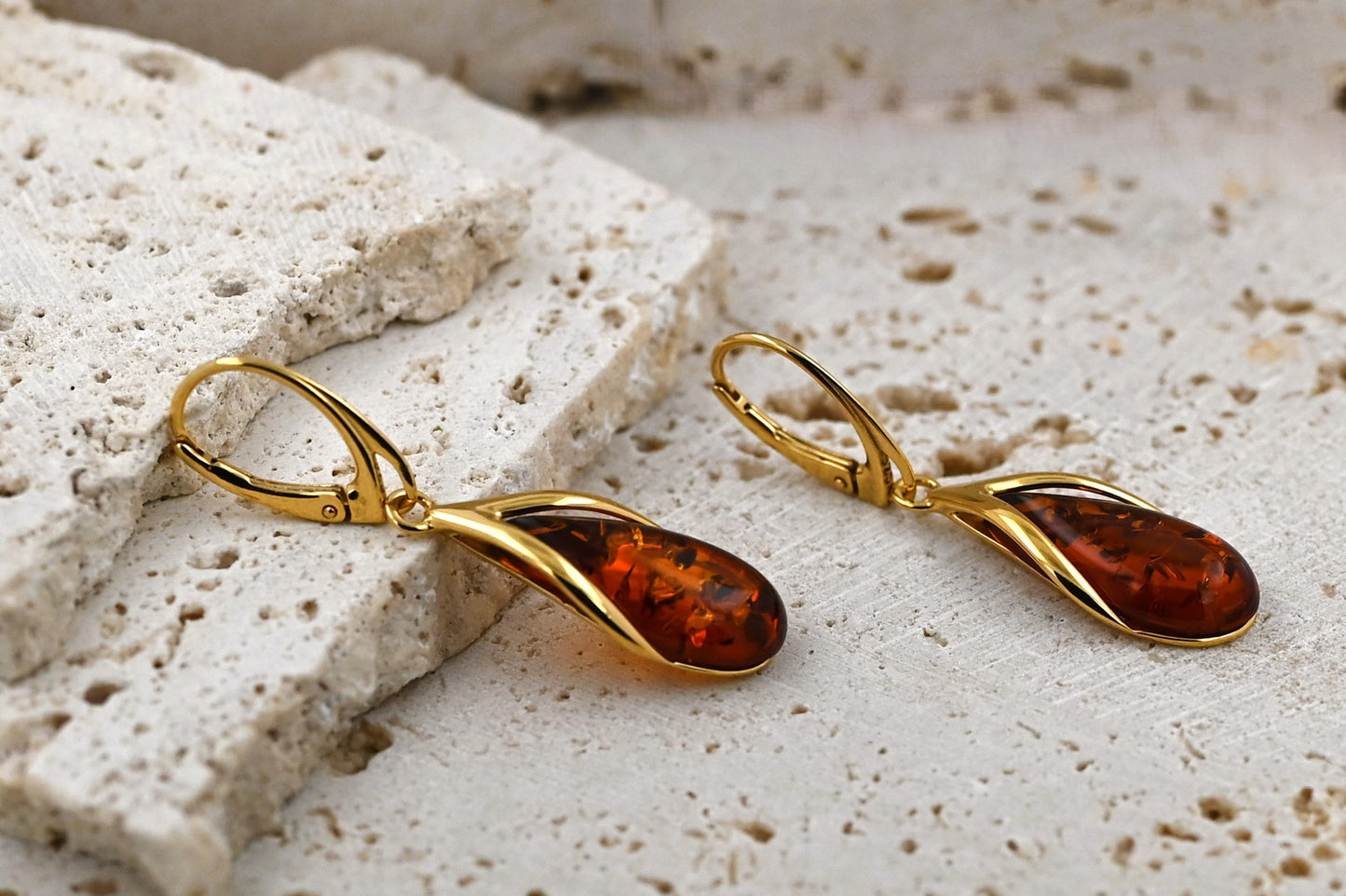 Amber Drop Earrings, Cognac, Gold-Plated Silver 925
