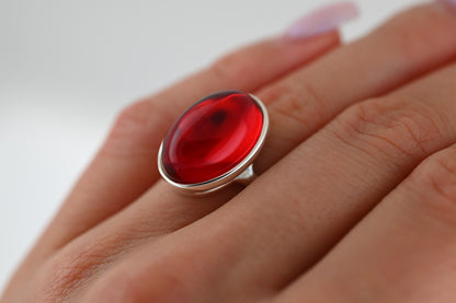 Classic Amber Ring, Red, Silver 925