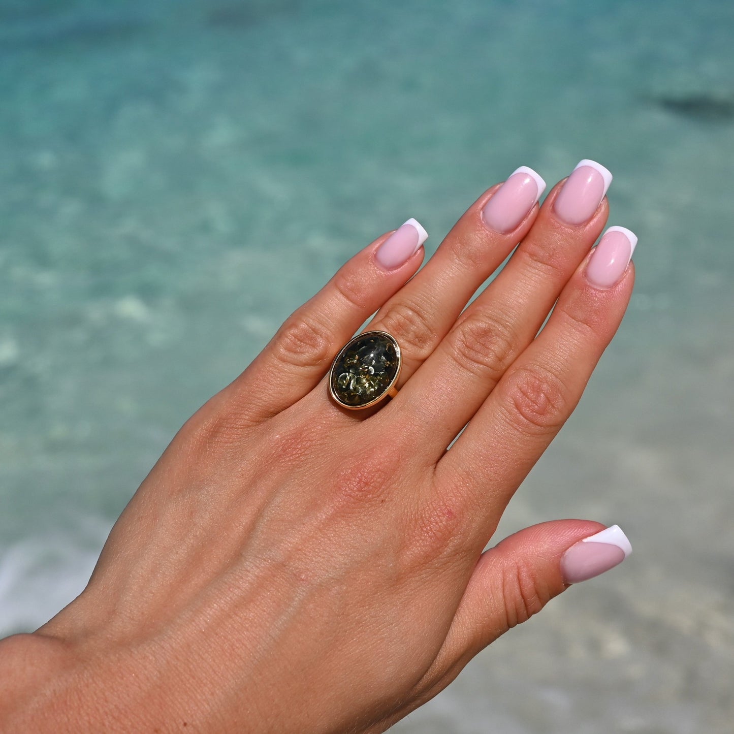 Classic Amber Ring, Green, Gold-plated Silver