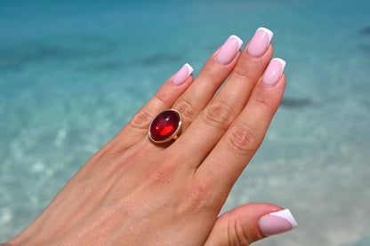 Classic Amber Ring, Red, Gold-plated silver