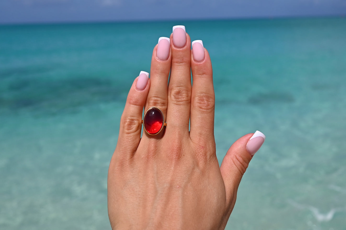 Classic Amber Ring, Red, Gold-plated silver