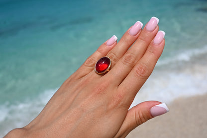 Classic Amber Ring, Red, Gold-plated silver