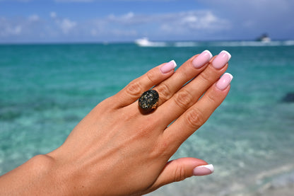 Amber Flower Ring, Green, Gold Plated Silver