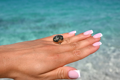 Amber Flower Ring, Green, Gold Plated Silver