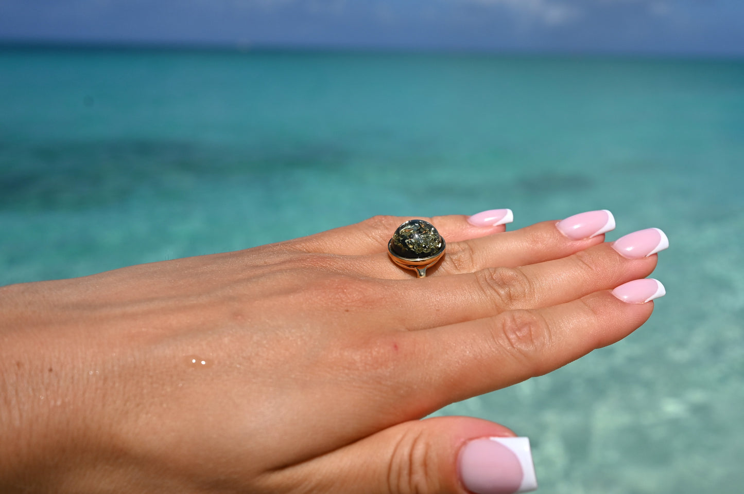 Amber Aura Ring, Green, Gold Plated Silver