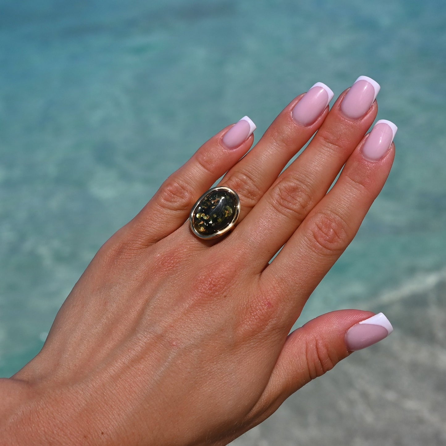 Amber Wave Ring, Green, Gold Plated Silver