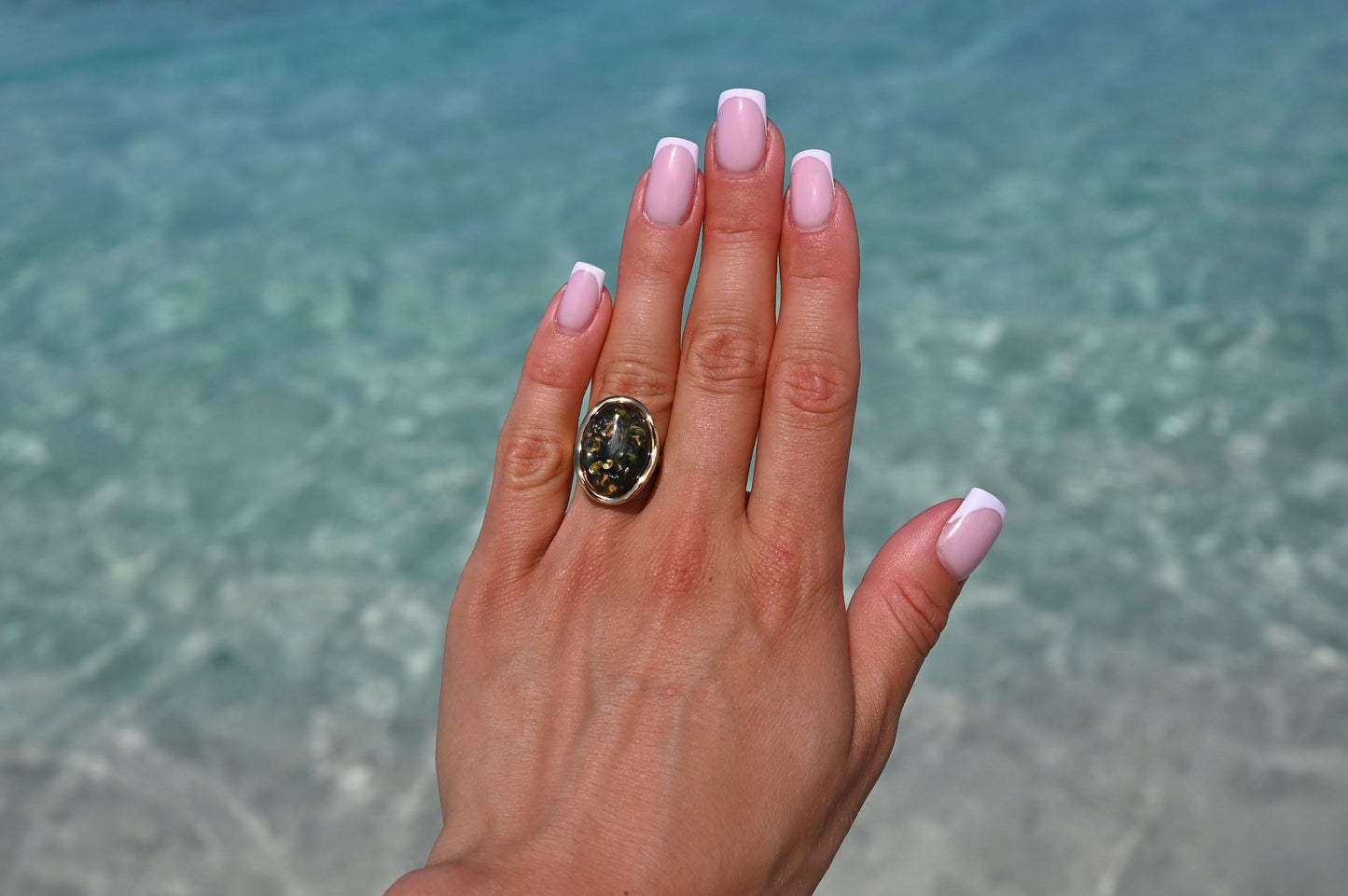 Amber Wave Ring, Green, Gold Plated Silver