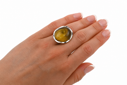 Unique Baltic Olive Amber Ring, Sterling Silver 925, Handmade Unique Piece, Artistic Jewelry