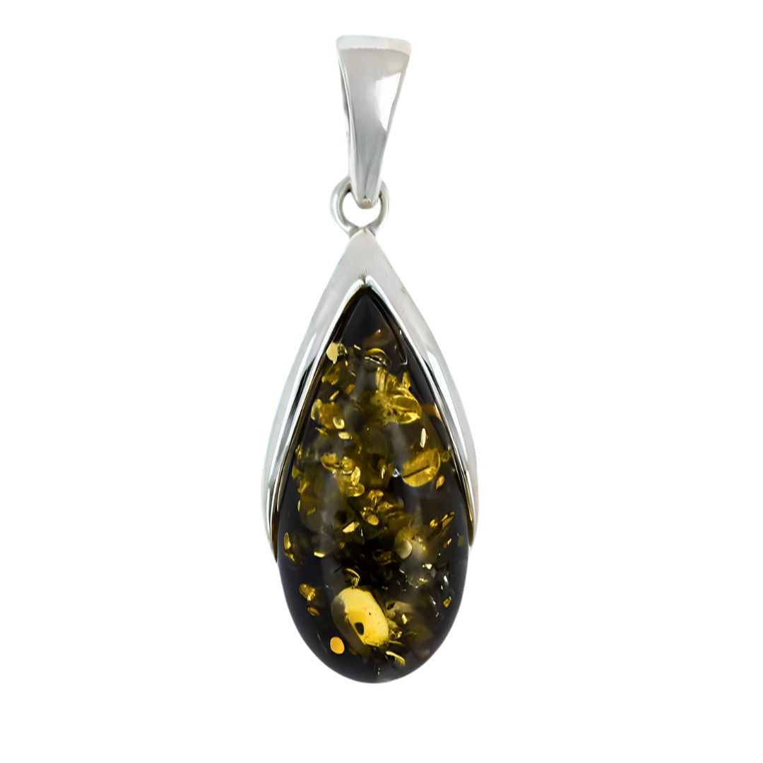 Amber Drop Pendant, Green, Silver 925