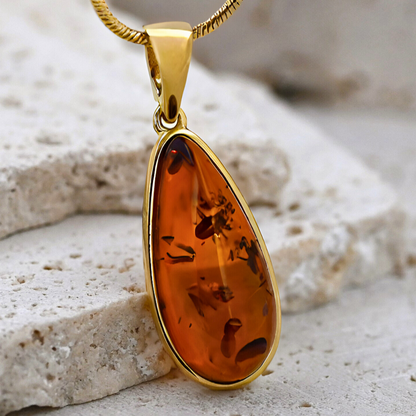 Pendant Amber Crystal, Cognac, Gold-plated Silver 925