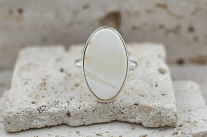 Rare Chalky White Amber Ring, 925 Silver