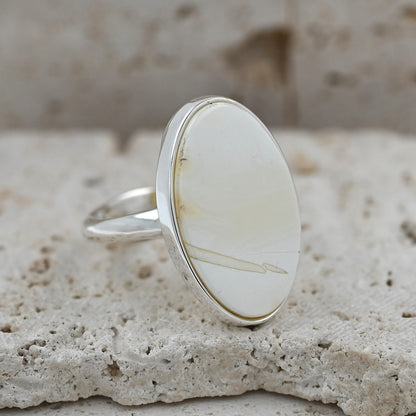 Rare Chalky White Amber Ring, 925 Silver