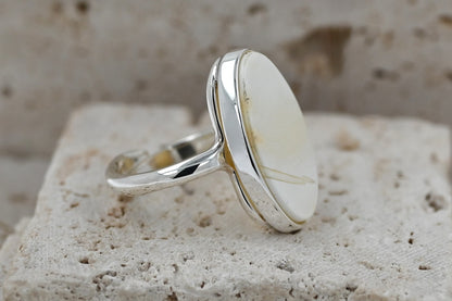 Rare Chalky White Amber Ring, 925 Silver