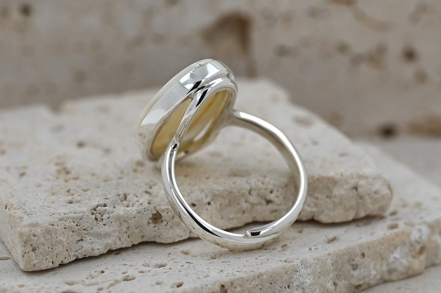 Rare Chalky White Amber Ring, 925 Silver