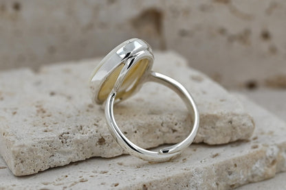 Rare Chalky White Amber Ring, 925 Silver