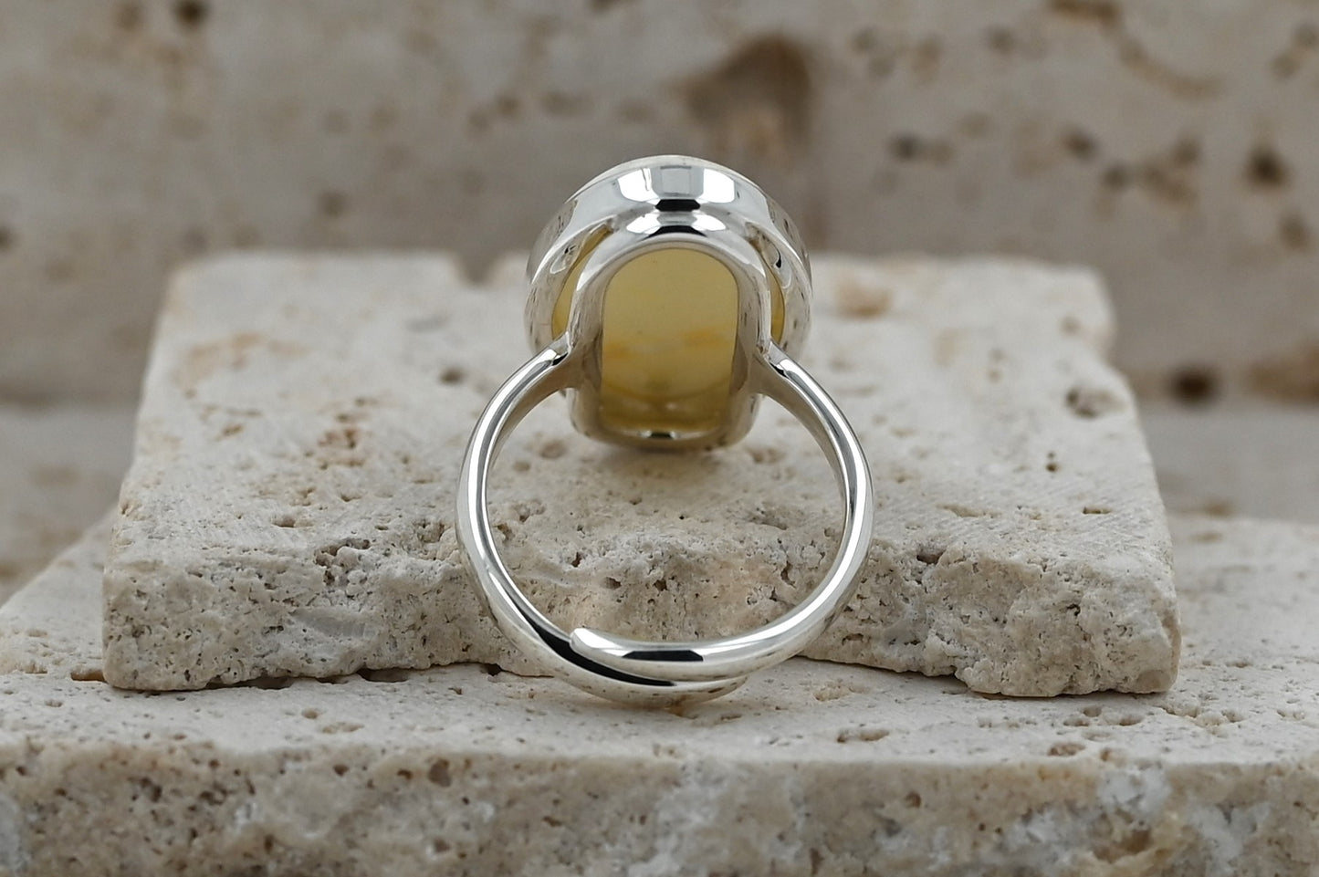 Rare Chalky White Amber Ring, 925 Silver